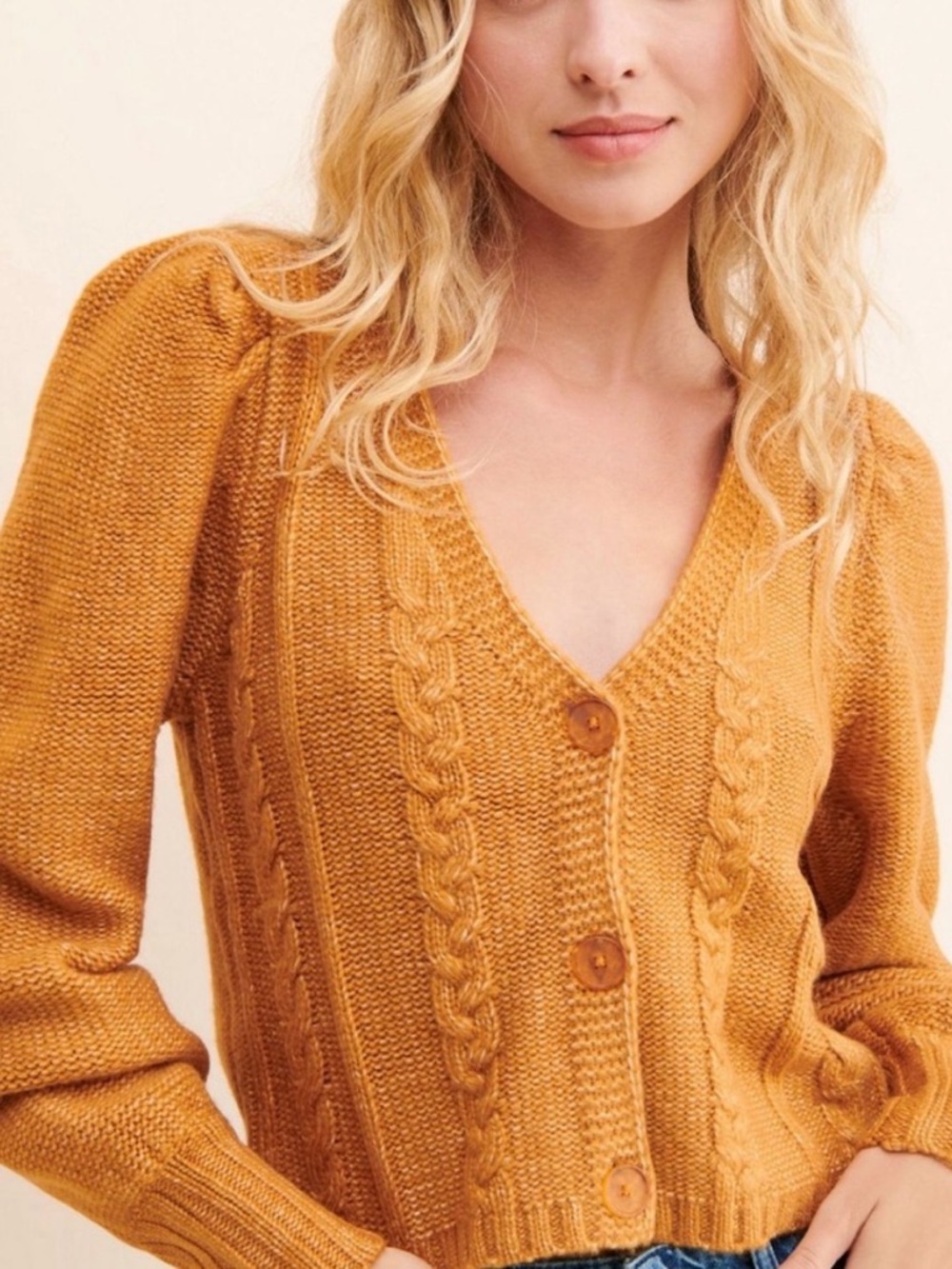 525 America Puff Sleeve Cable Knit V-Neck Cardigan - Mustard Large